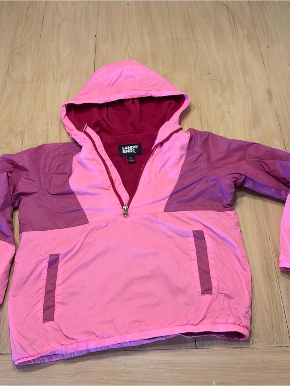 Lands' End Girls' Two-Tone Pink fleece hooded pullover jacket